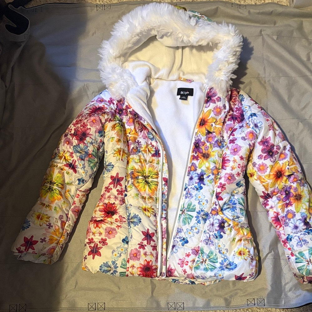 BCX Multicolor Floral Jacket with Faux Fur Hood